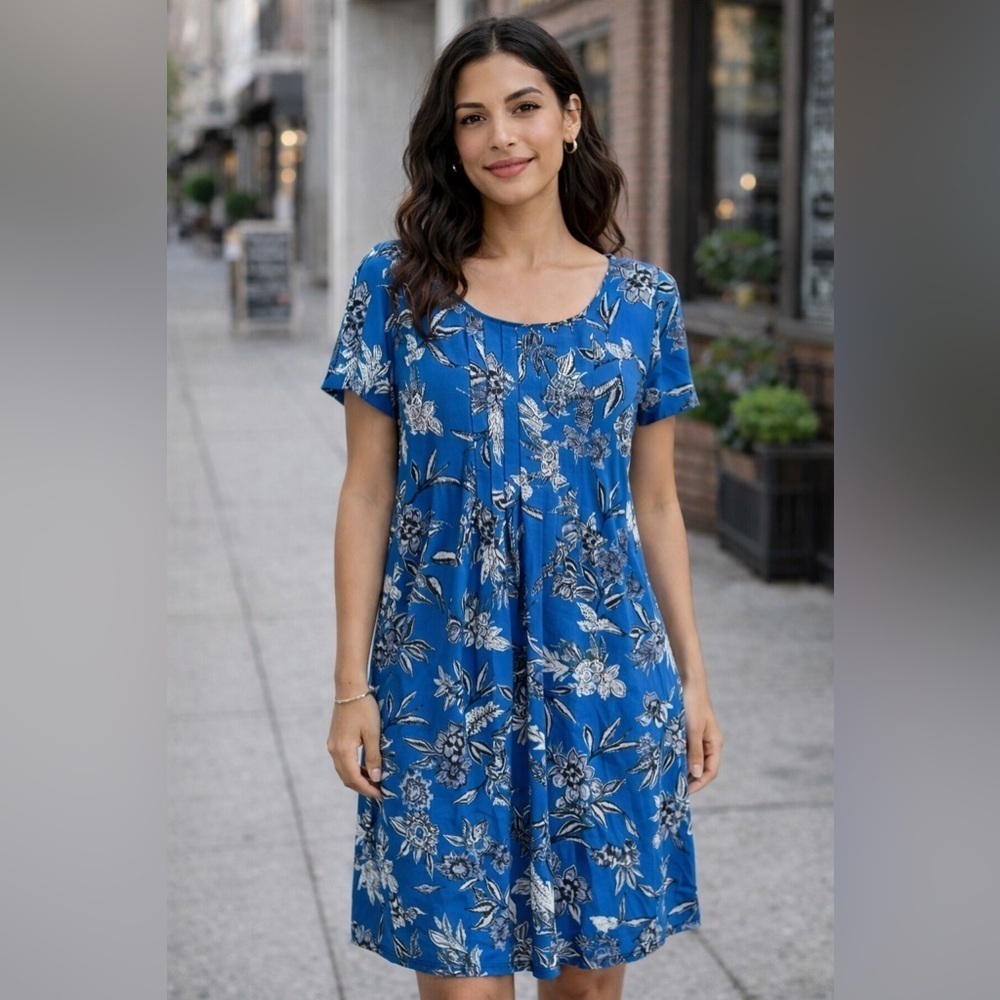 J Jill Wearever Collection Womens Soft Pleated Dress XS Pacific Blue Floral